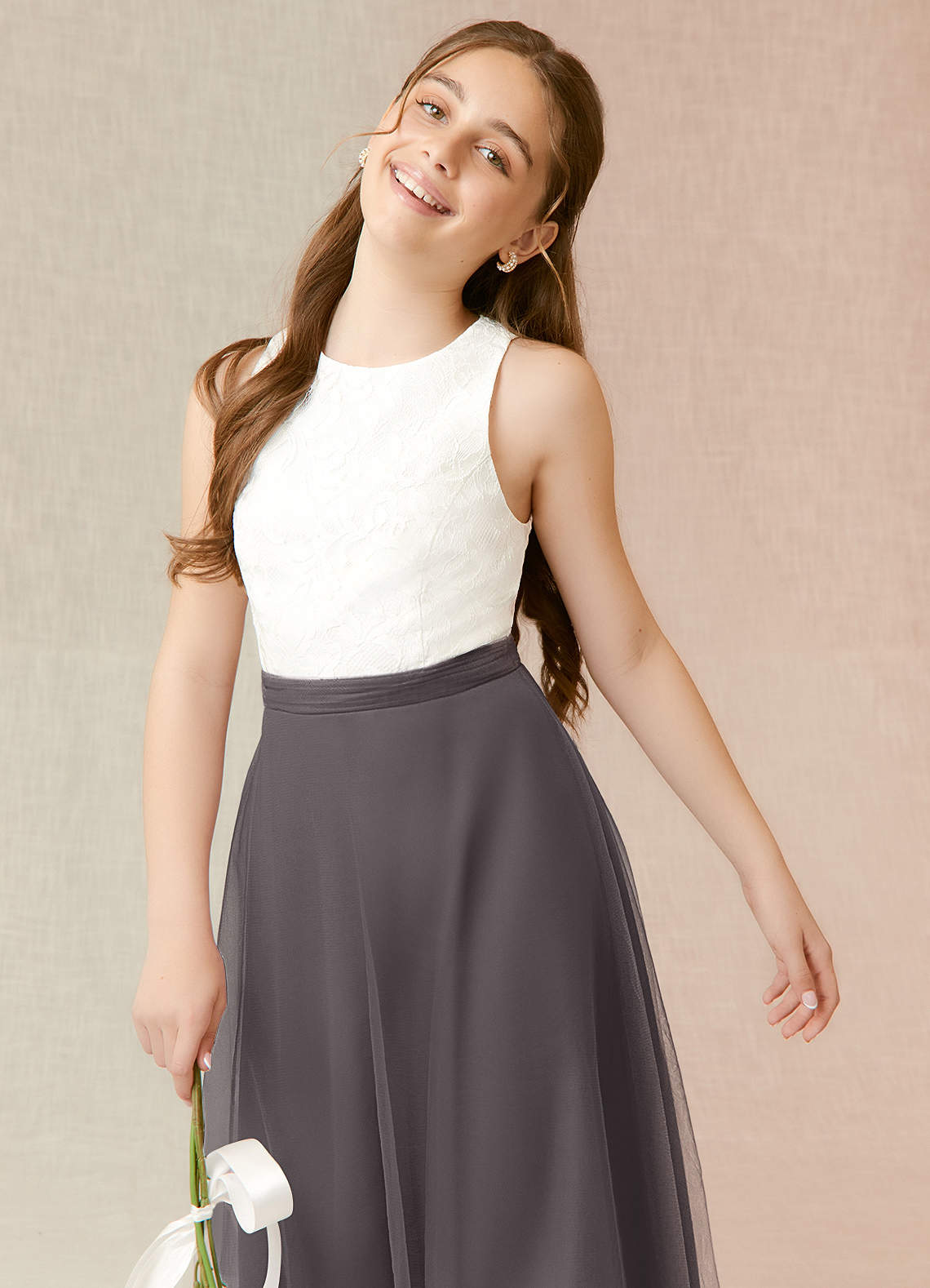 Azazie Albertine Junior Steel Grey A-Line Lace Chiffon Dress image4