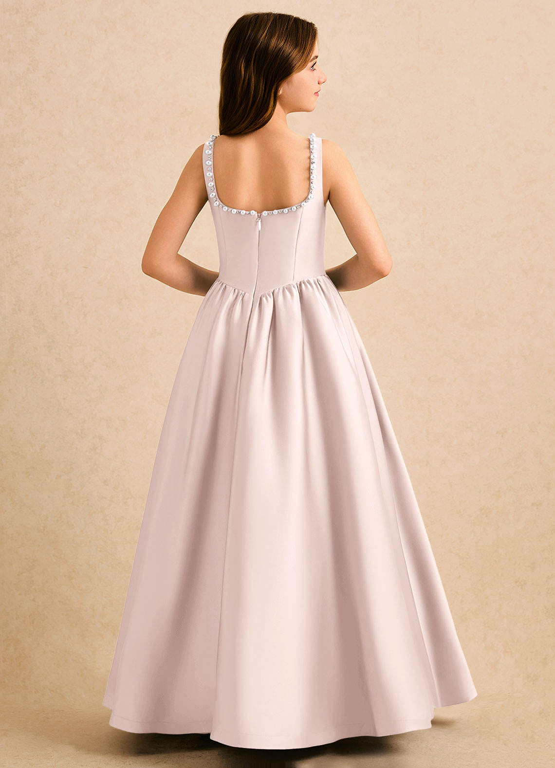 Azazie Enid Girls Formal Flower Girl Dresses Blushing Pink A-Line Beaded Stretch Satin Dress image1