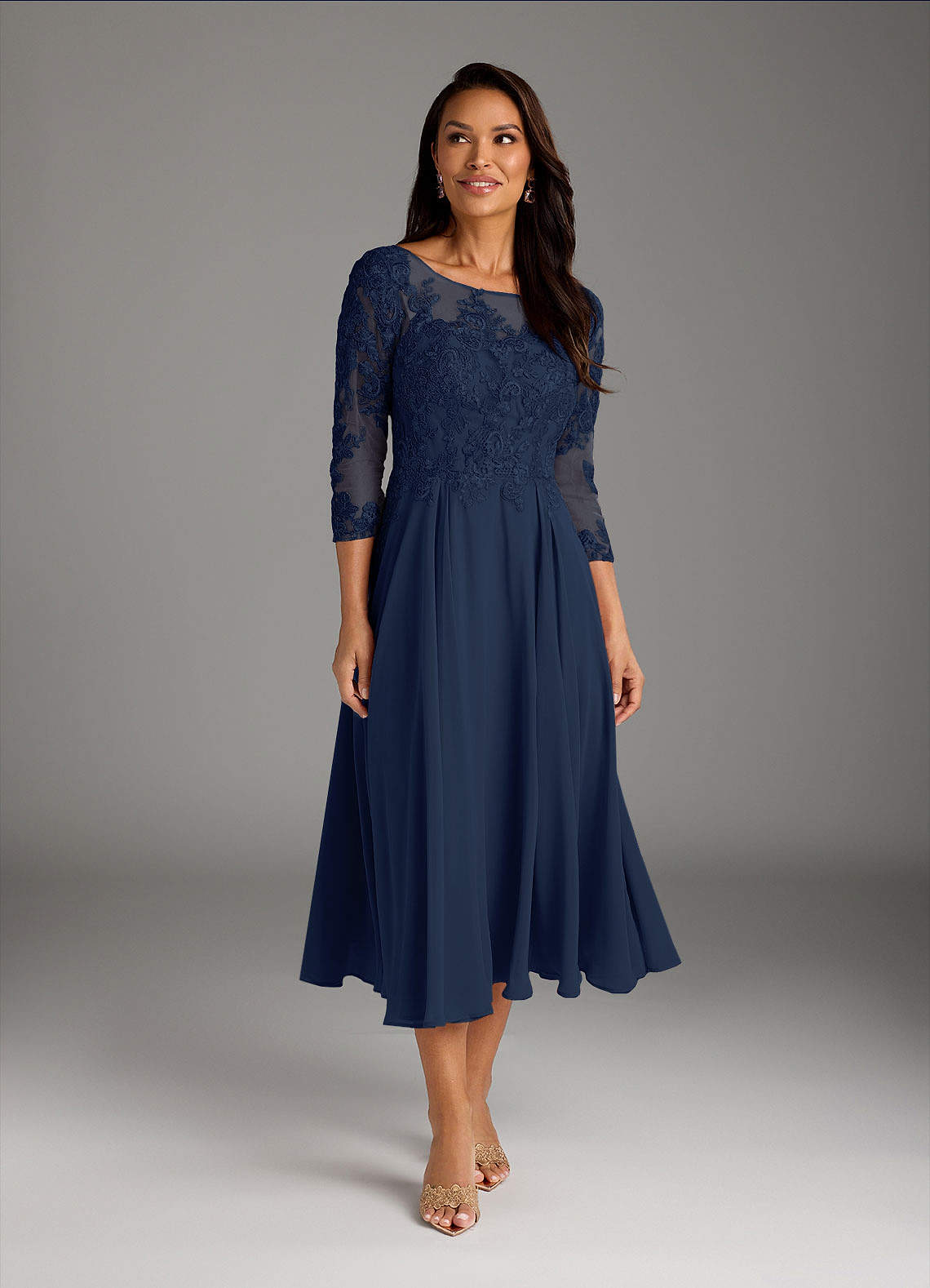 Azazie Marge Mother of the Bride Dresses Dark Navy A-Line Scoop Lace Chiffon Dress image1