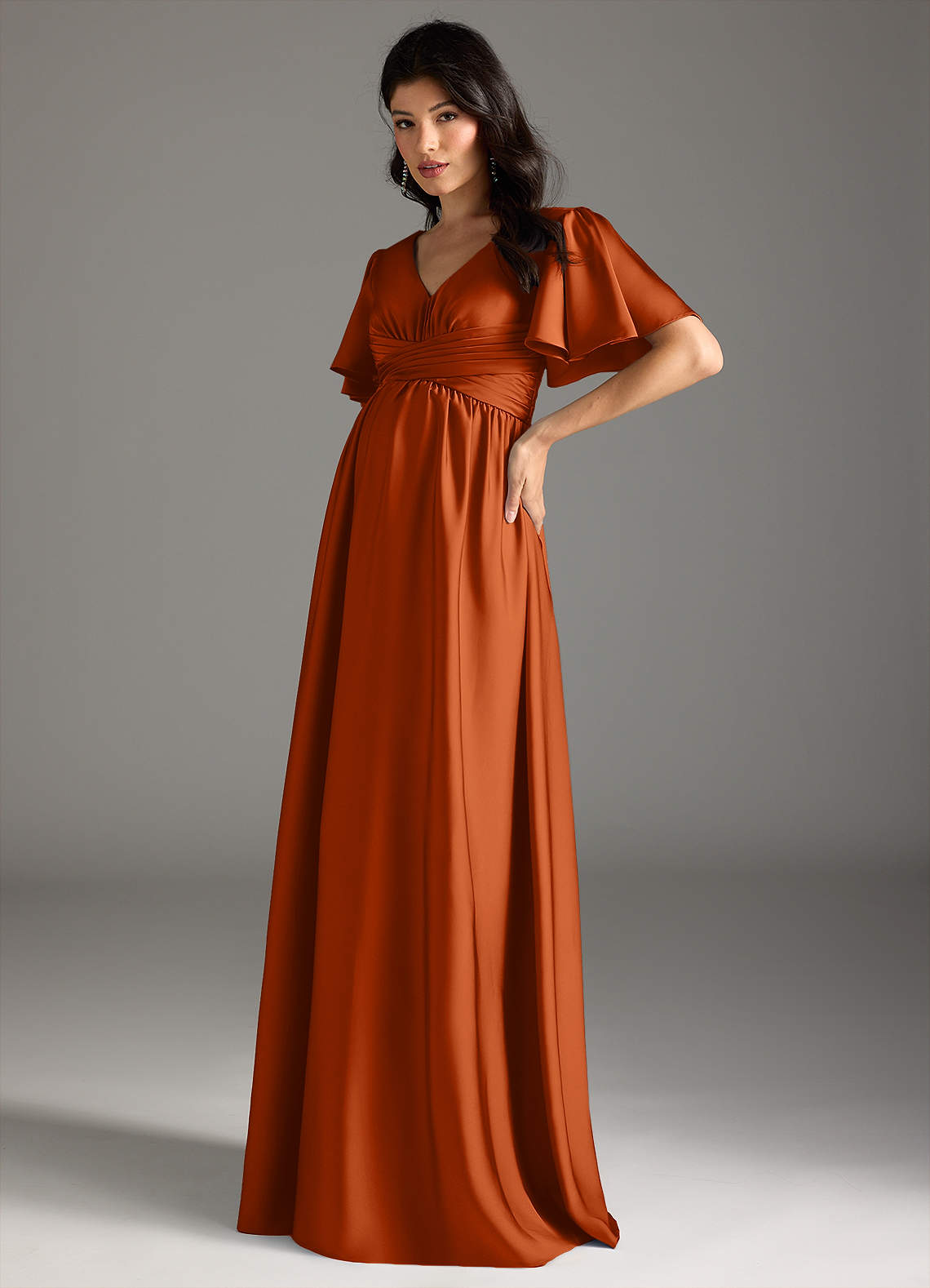 Azazie Verna At-home Try On Dresses A-Line Ruched Stretch Satin Floor-Length Dress image3