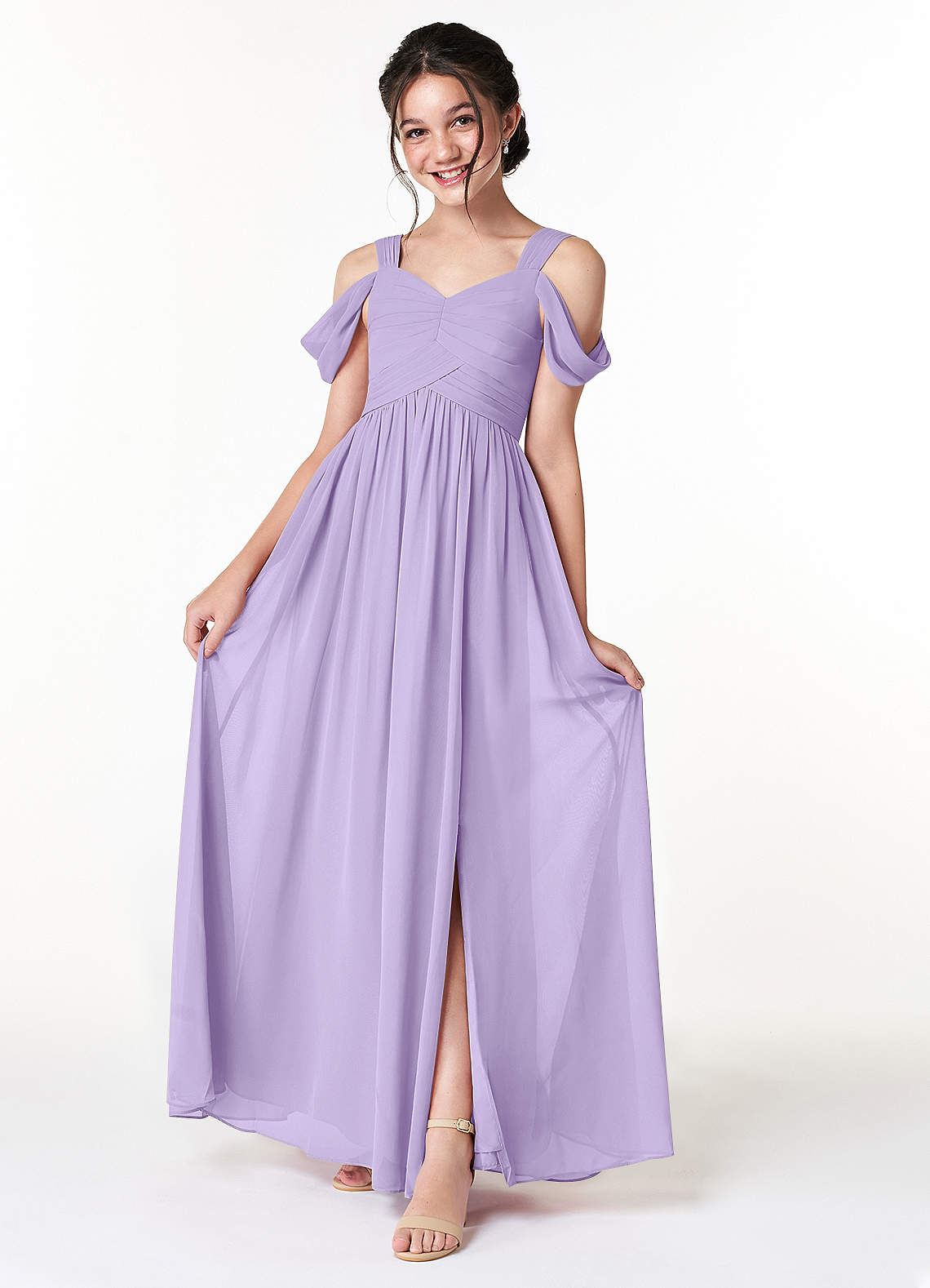 Azazie Lianne Junior Lilac A-Line Off the Shoulder Chiffon Dress image1
