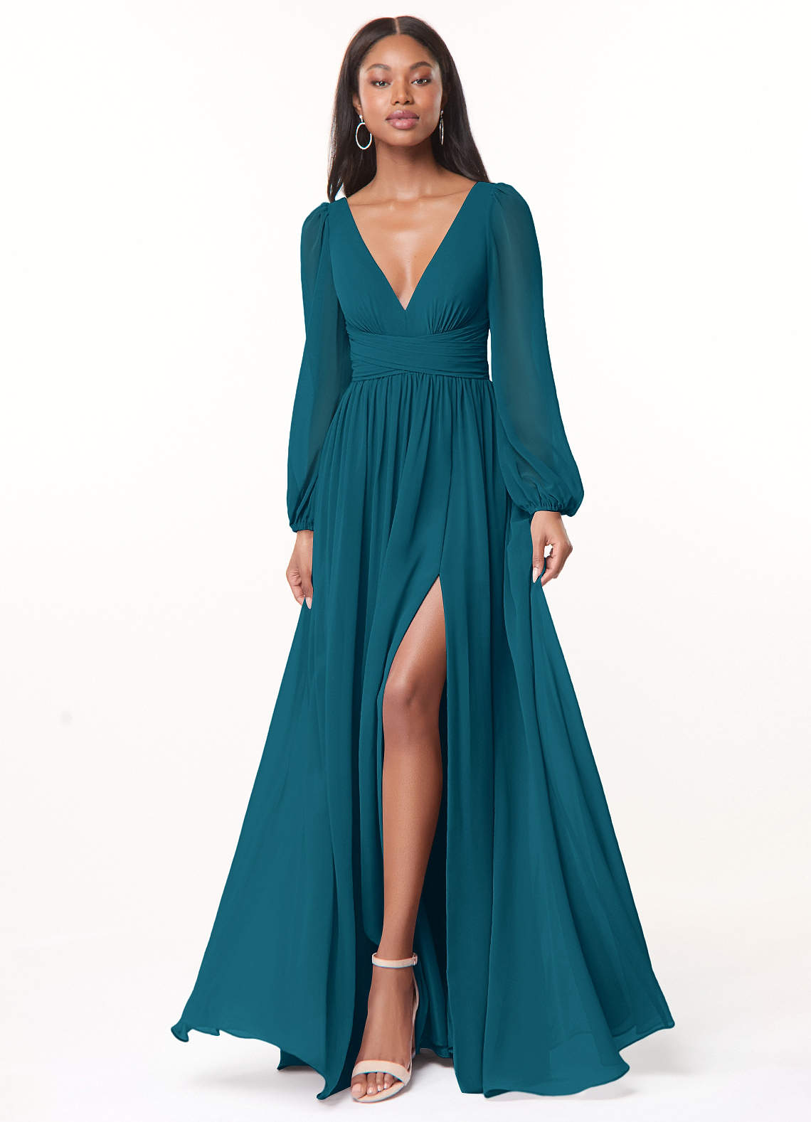 Azazie Norah Bridesmaid Dresses Ink Blue A-Line V-Neck Long Sleeve Chiffon Dress image1