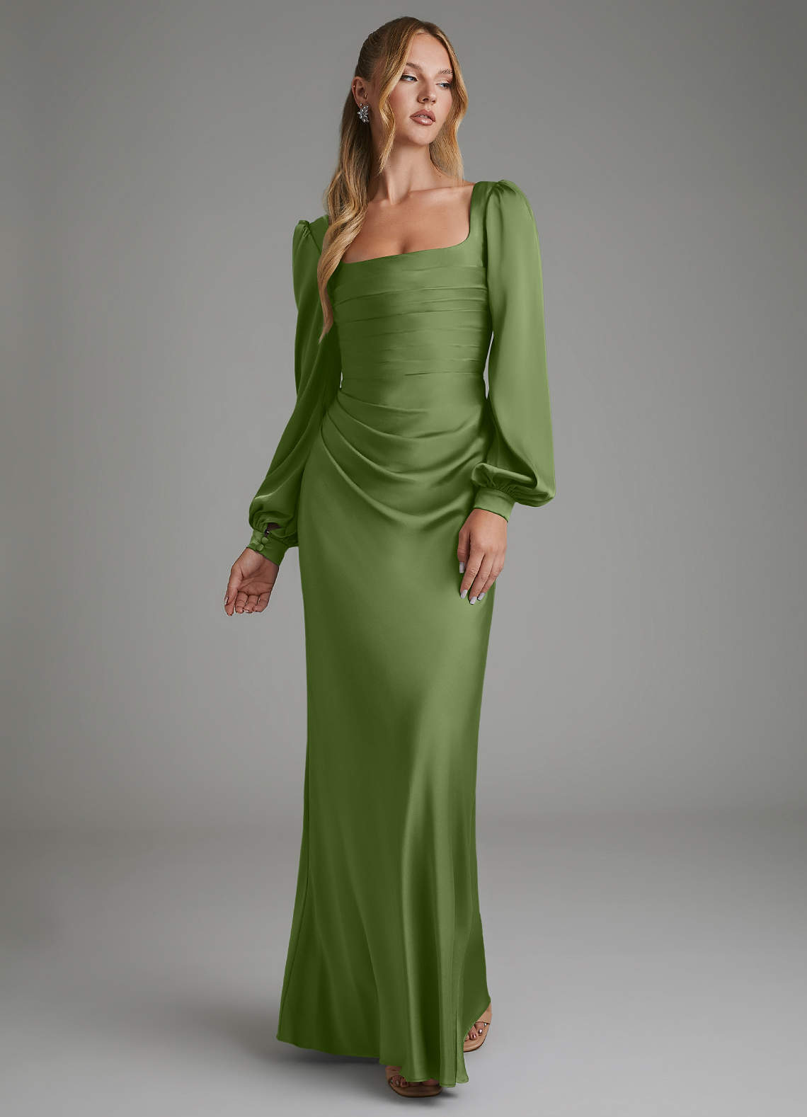 juniper satin bridesmaid dresses Azazie Mermaid Square Neck Long Sleeve Floor-Length Stretch Evangeline wedding dress removable waist tie Color:Kiwi DIY Halloween costumes –
