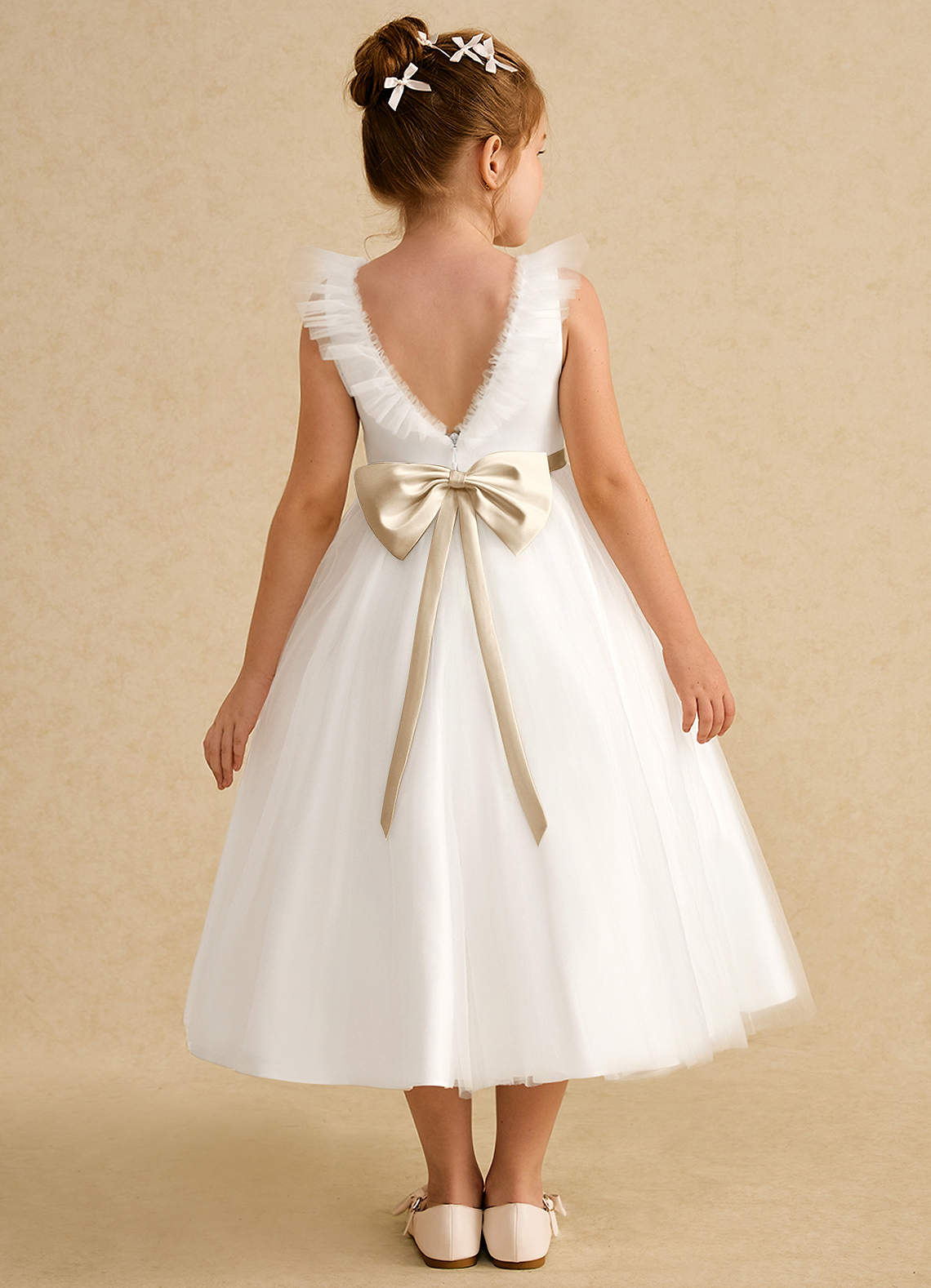 Azazie Amber Abiti da Ragazza di Fiori Abito A-Line in Tulle Fiocco Avorio Champagne image1