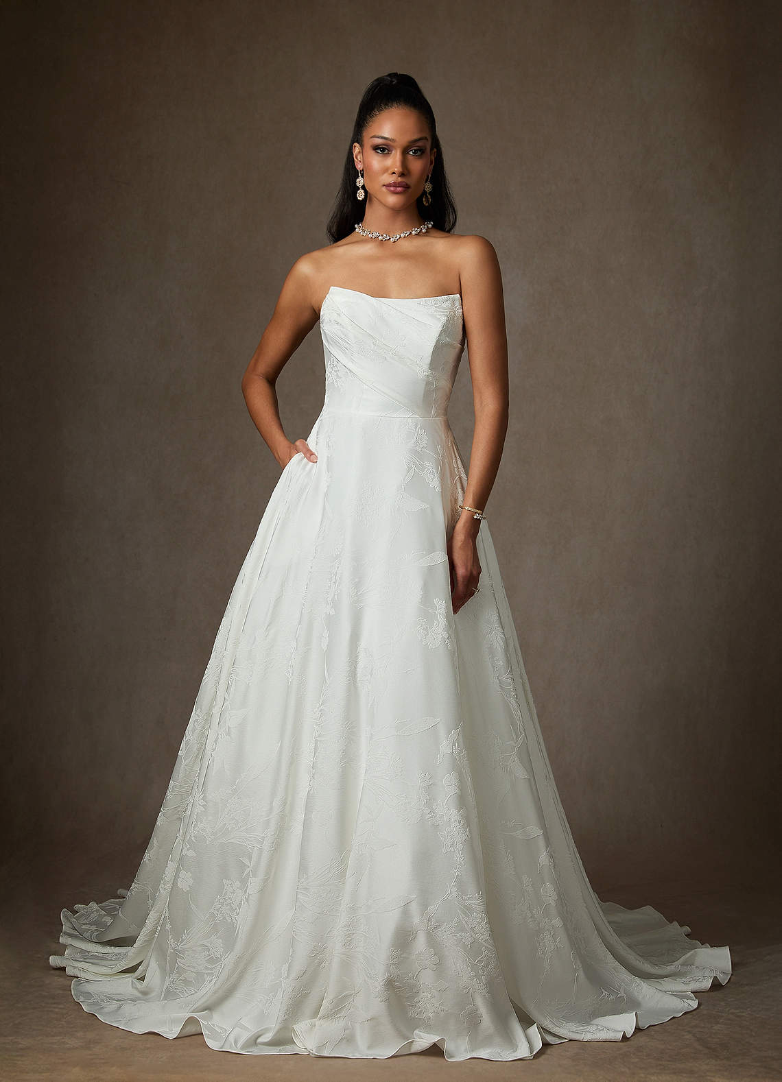 Azazie Kandice Wedding Dresses Diamond White Ball-Gown Floral Jacquard Dress image4