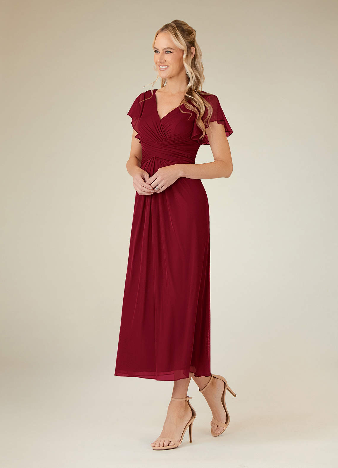 Azazie Vera Mother of the Bride Dresses Burgundy A-Line V-Neck Pleated Mesh Dress image1