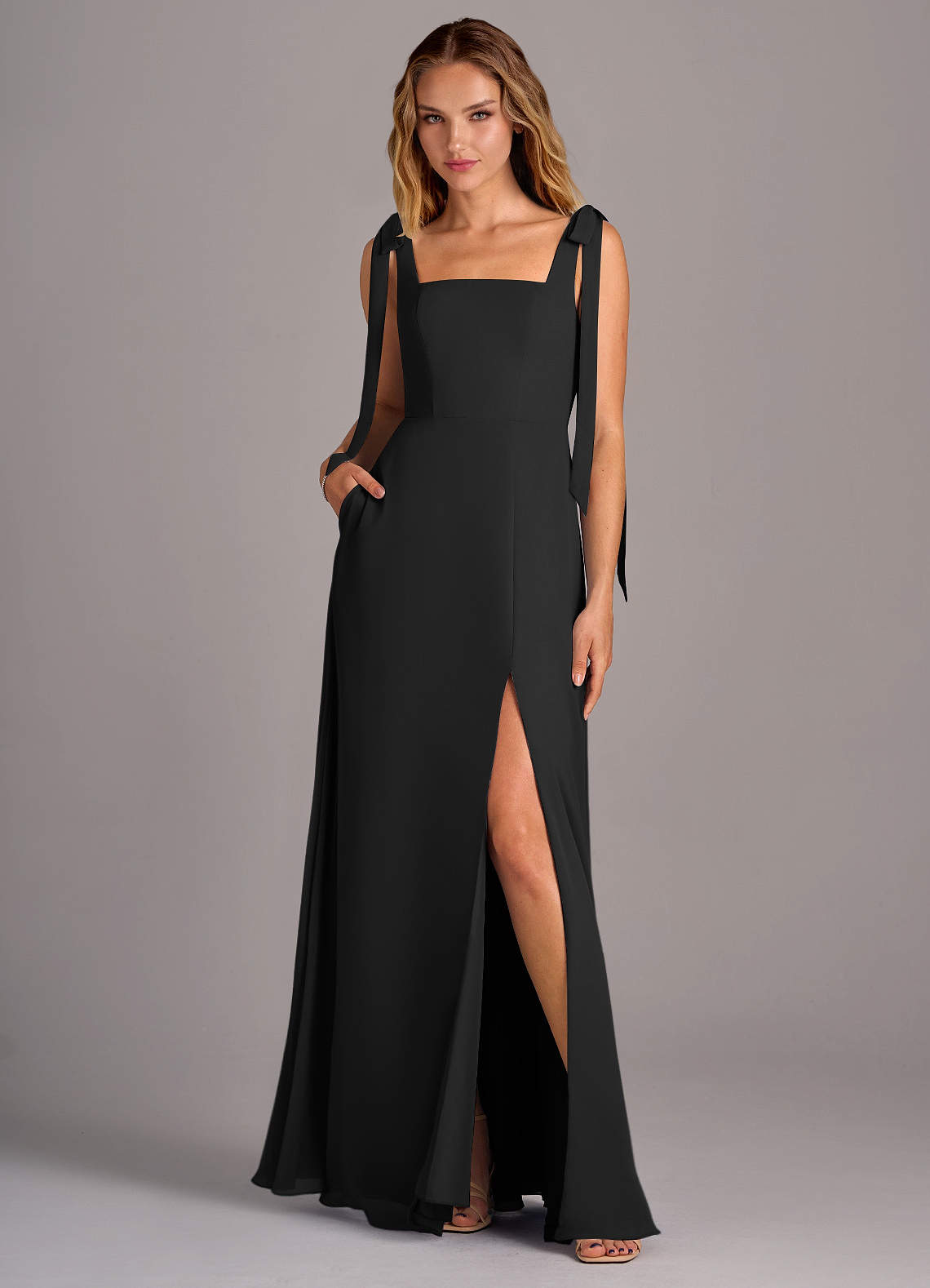 Azazie Debra Bridesmaid Dresses Black A-Line with Pockets Chiffon Convertible Dress image1