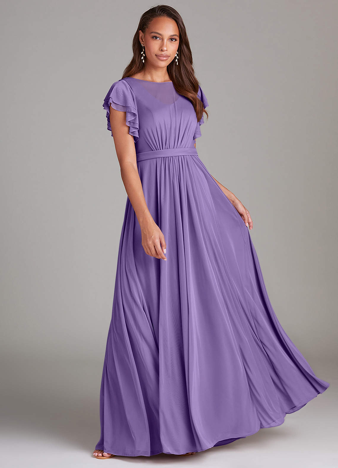 Azazie Daphne Modest Bridesmaid Dresses A-Line Ruched Mesh Floor-Length Dress image1