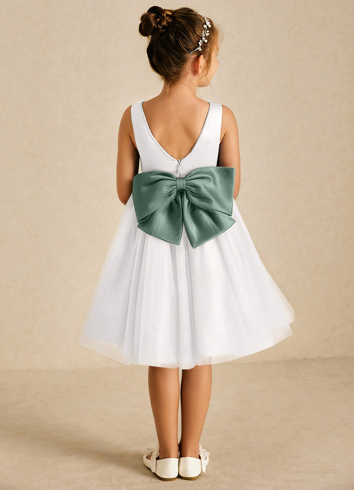 Azazie Seline Flower Girl Dresses Ivory Eucalyptus A-Line Bow Tulle Dress image1