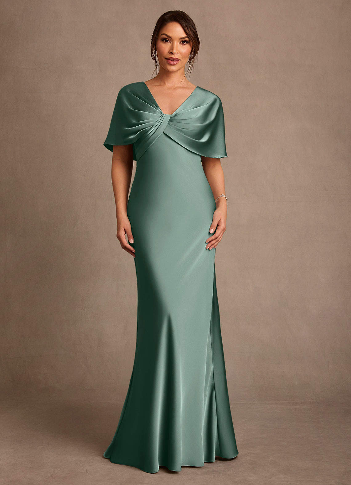 Azazie Dosia Eucalyptus Sheath Pleated Stretch Satin Dress | Azazie