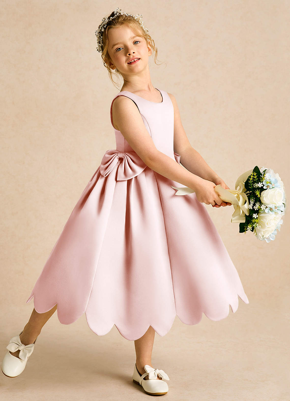 Azazie Macaroon Flower Girl Dresses Blushing Pink Ball-Gown Bow Matte Satin Dress image1