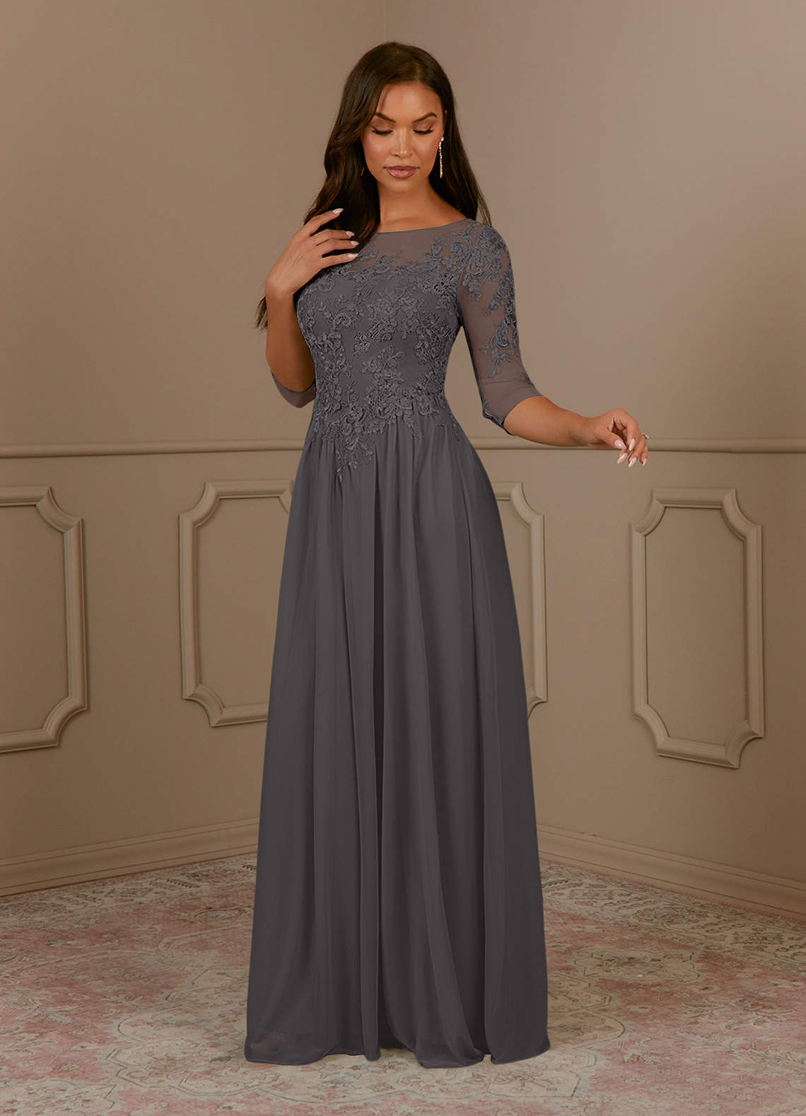 steel grey maxi dress Azazie Harriet A-Line Scoop lace Mesh Ready to Ship lace-up back prom dress