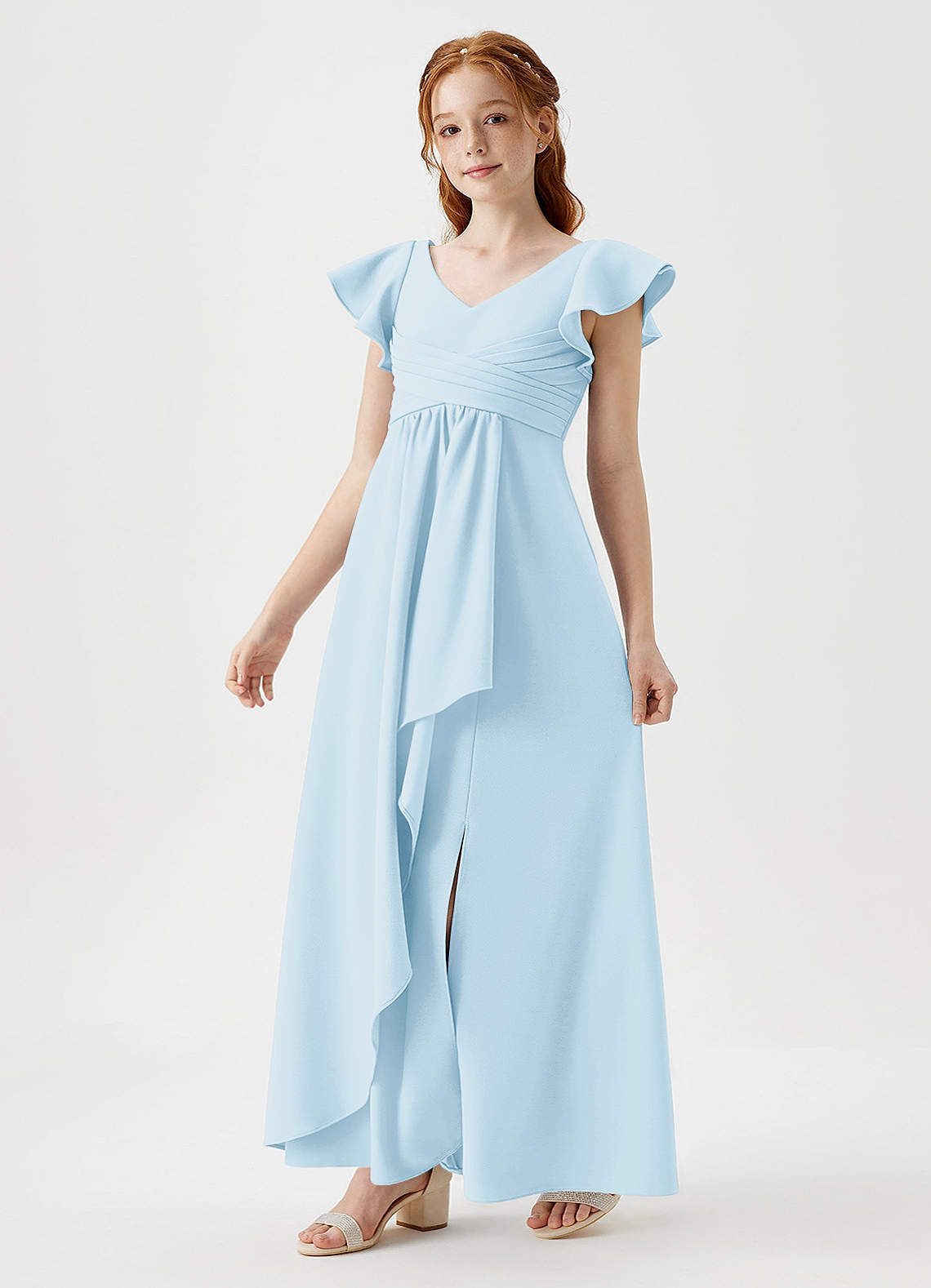 Azazie Omari Junior Vestido de Azul Cielo de Crepé elástico de Corte En A con Plisado image1