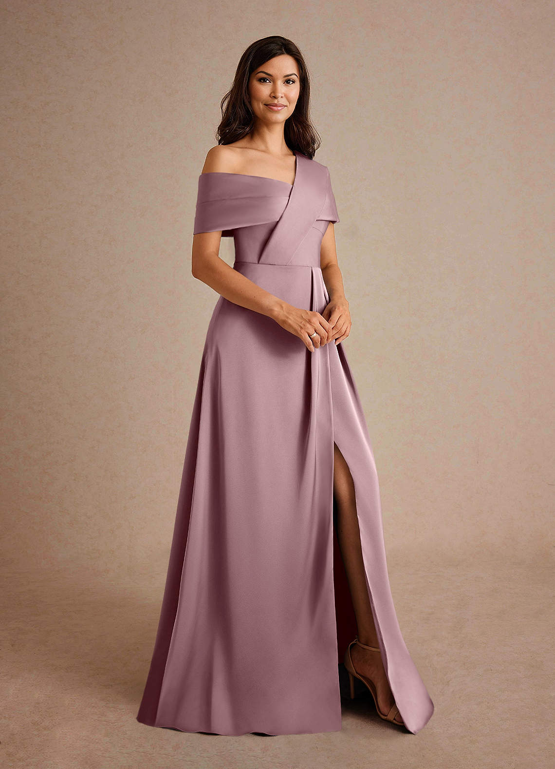 Azazie Milton Mother of the Bride Dresses Dusty Rose A-Line Pleated Stretch Satin Dress image5