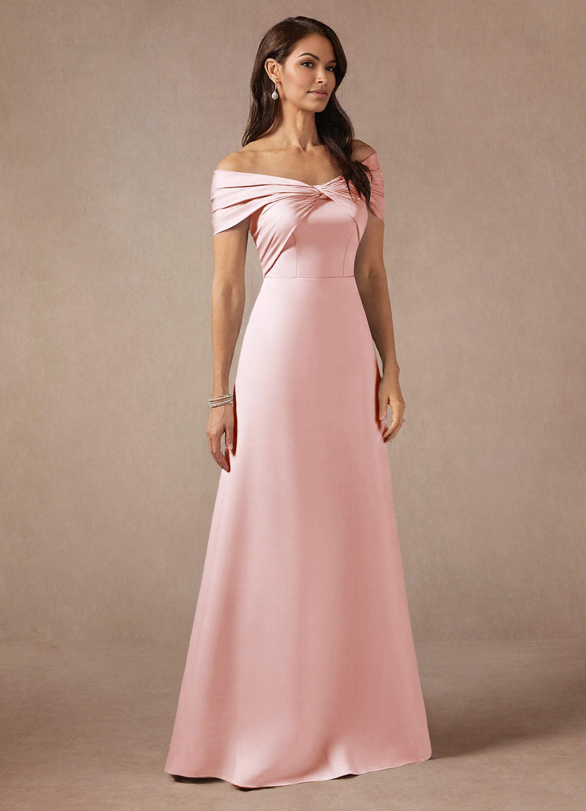 Azazie Amelia Mother of the Bride Dresses Blushing Pink A-Line Off the Shoulder Stretch Satin Dress image3