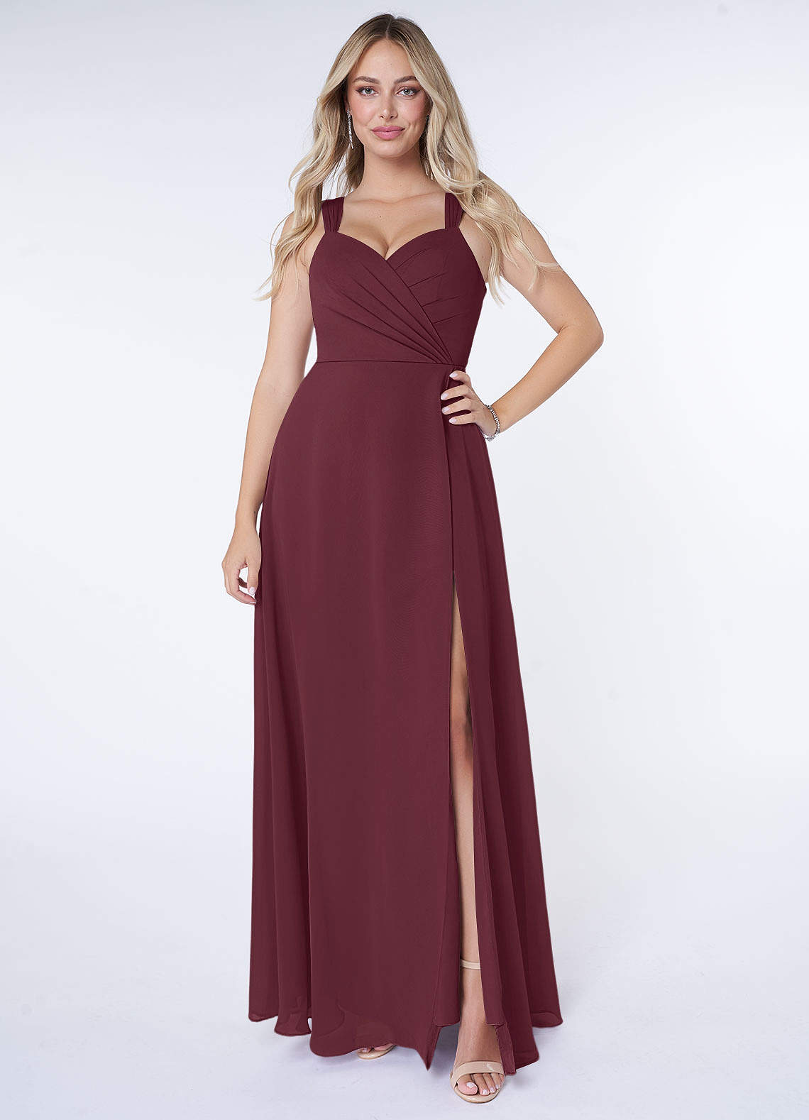 Azazie Nahrin Final Sale Cabernet A-Line V-Neck Pleated Chiffon Dress image1