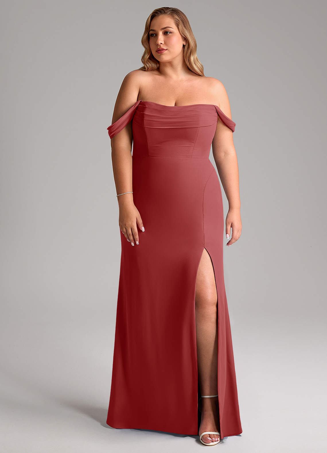 Azazie Saige Bridesmaid Dresses Rust A-Line Off the Shoulder Chiffon Convertible Dress image1