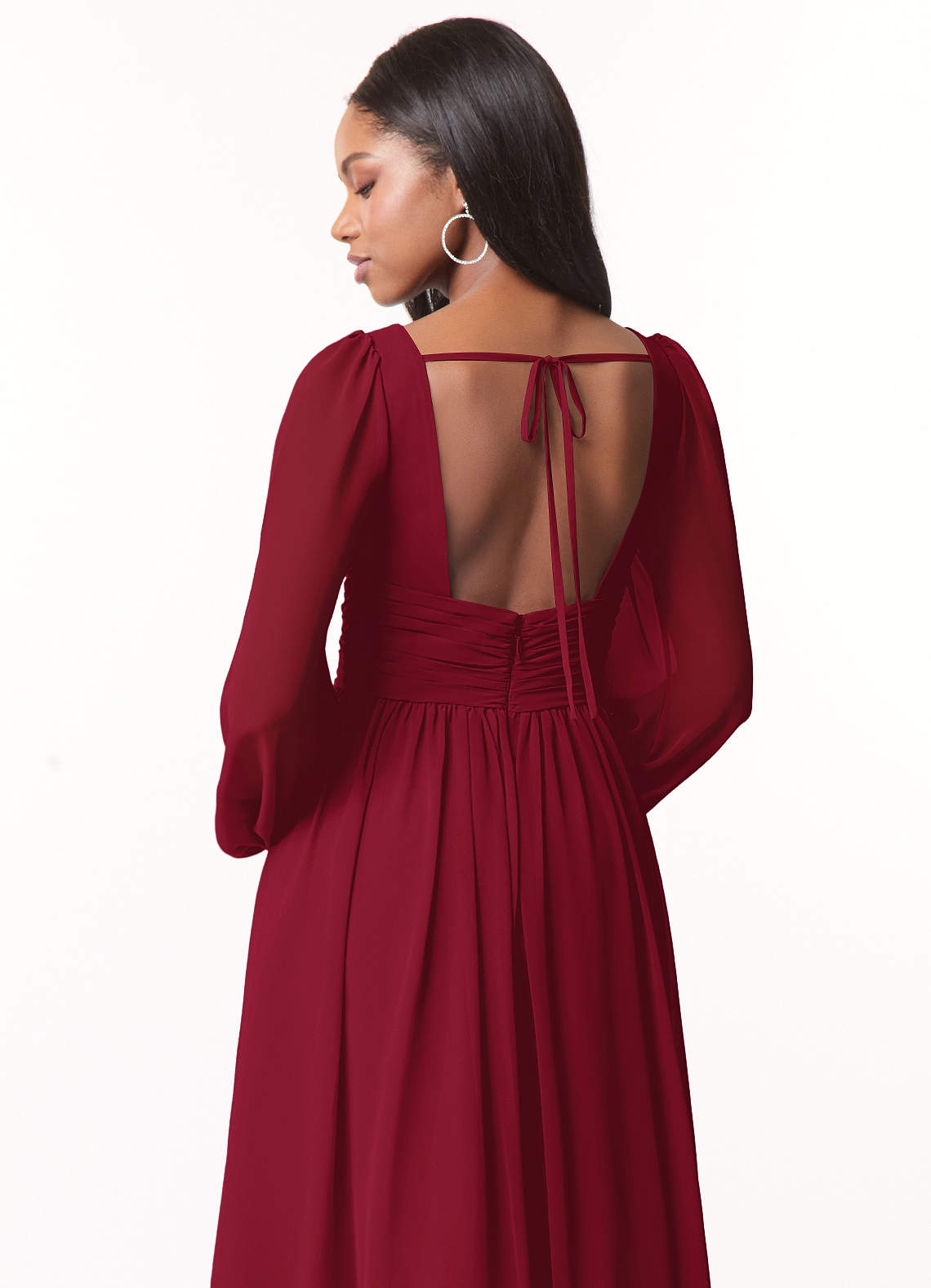 Azazie Norah Bridesmaid Dresses Burgundy A-Line V-Neck Long Sleeve Chiffon Dress image2