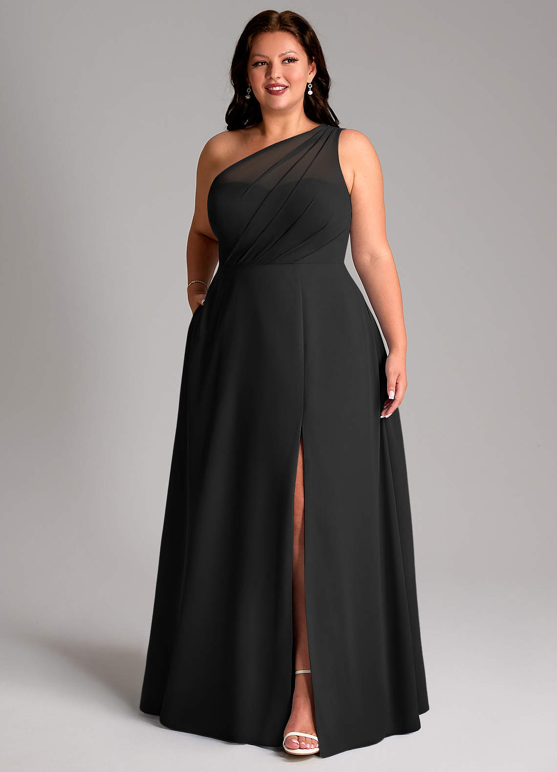 Azazie Phaedra Bridesmaid Dresses Black A-Line One Shoulder Chiffon Dress image3