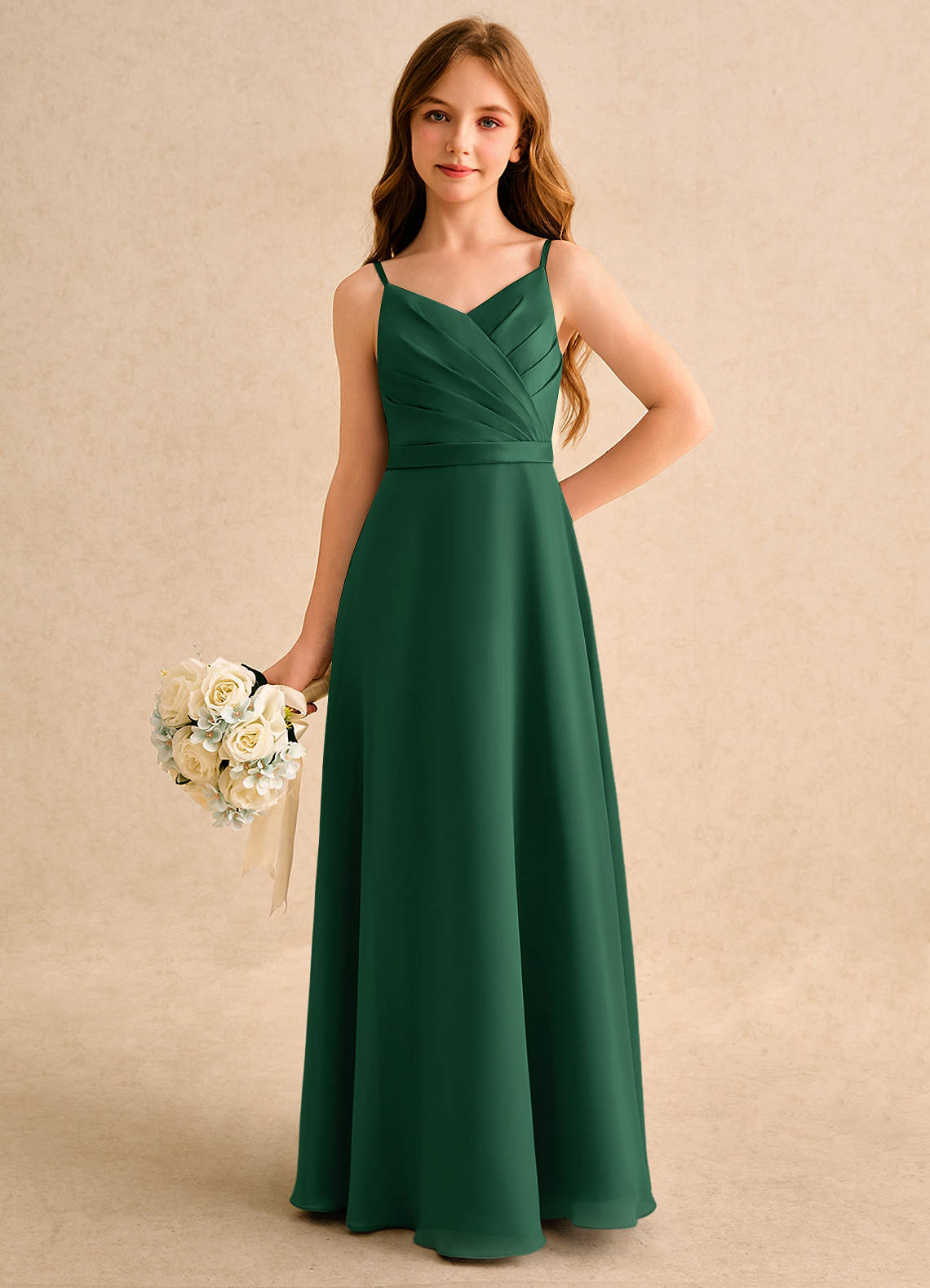 Azazie Umina Girls Formal Dark Green A-Line Pleated Matte Satin Dress |  Azazie