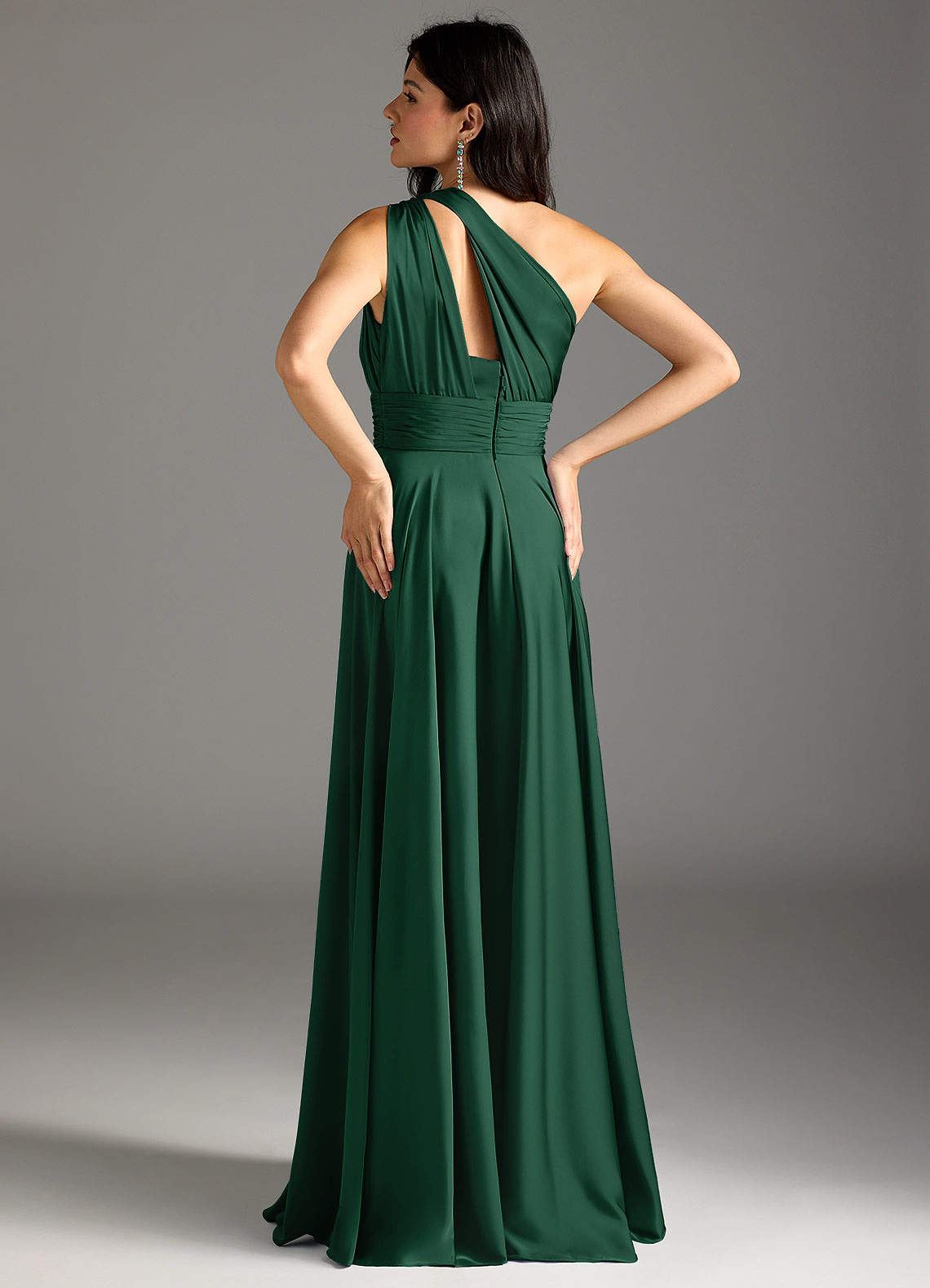 Azazie Charlize Bridesmaid Dresses Dark Green A-Line One Shoulder Stretch Satin Dress image5