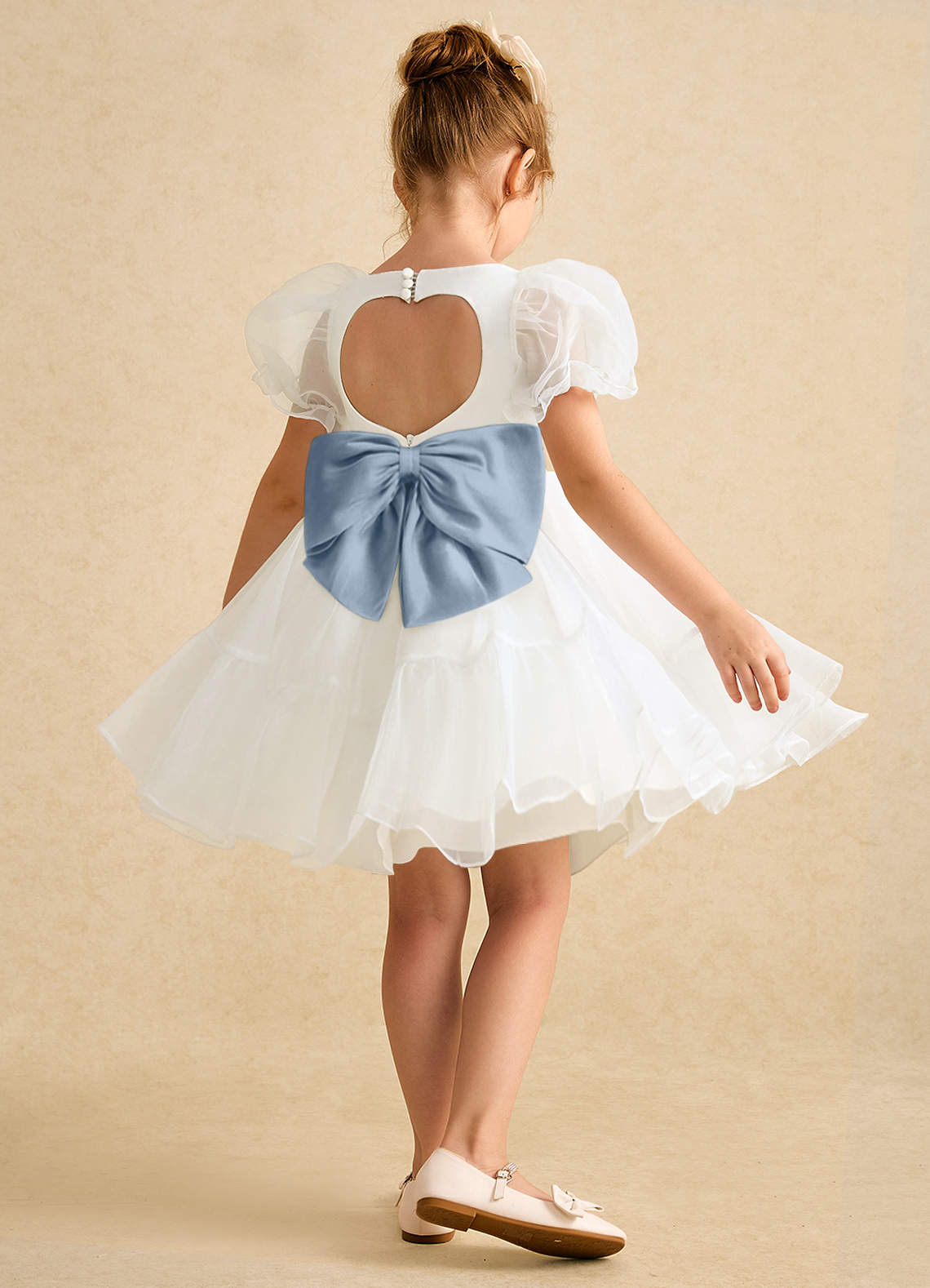 Azazie Debbie Abiti da Ragazza di Fiori Abito Principessa in Organza Scollo a Cuore Avorio Blu Polvere image5