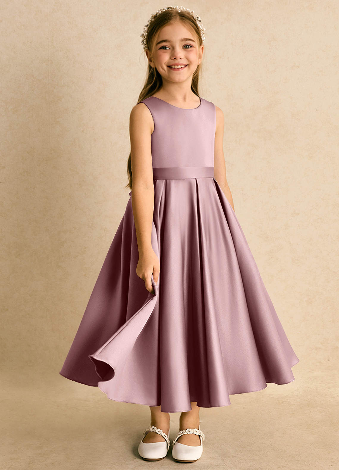 Azazie Junebuj vestidos de niña de las flores Vestido de Rosa Polvorienta de Satin Mate de Princesa con Plisado image1
