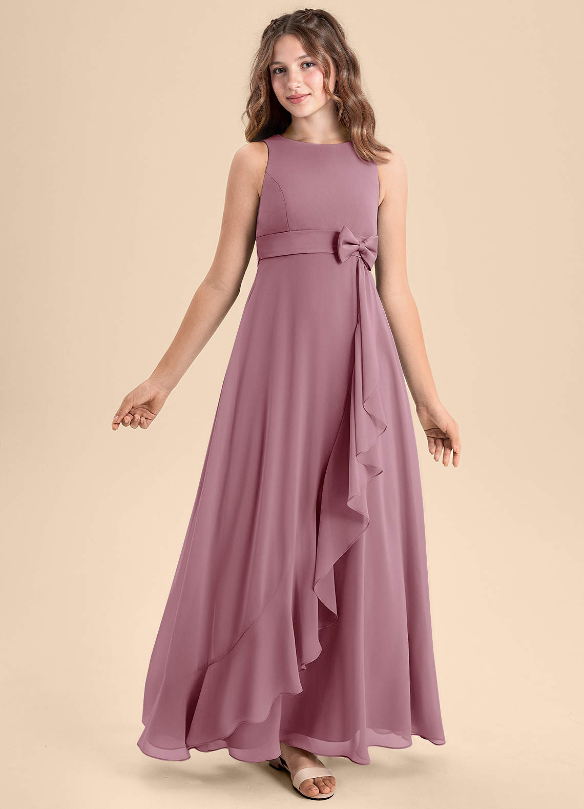 Azazie Lilenne Junior Vintage Mauve A-Line Bow Chiffon Dress image1