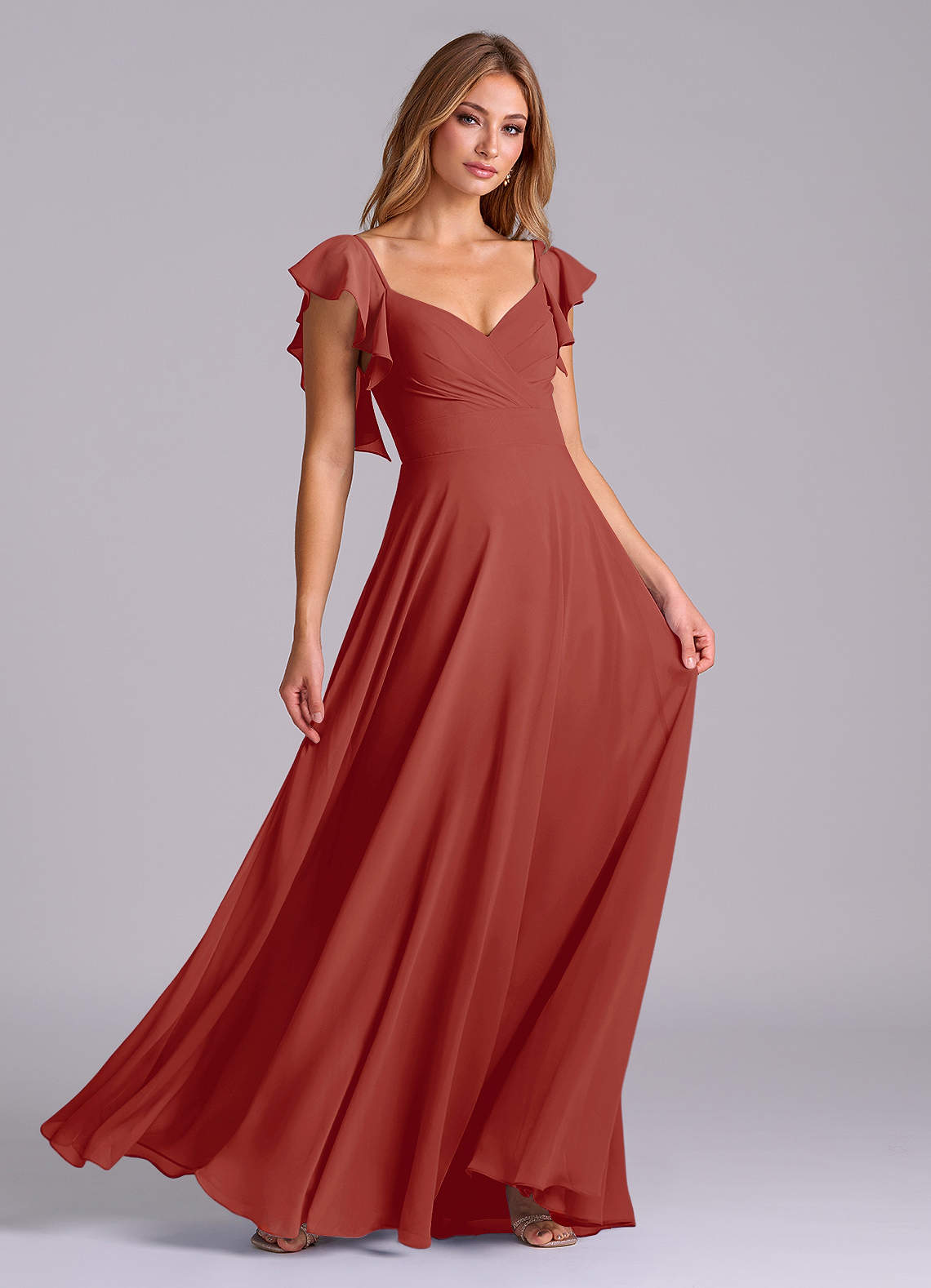 Azazie Leilani Vestidos de madrinha de casamento Vestido Terracota de Chiffon de Linha A com Plissado image2