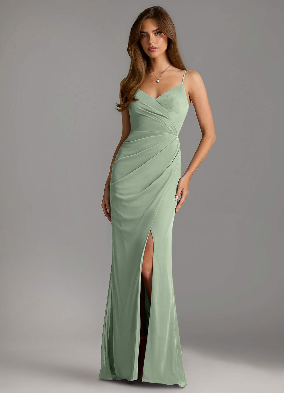 Azazie Maci Bridesmaid Dresses Dusty Sage Sheath Pleated Mesh Dress image1