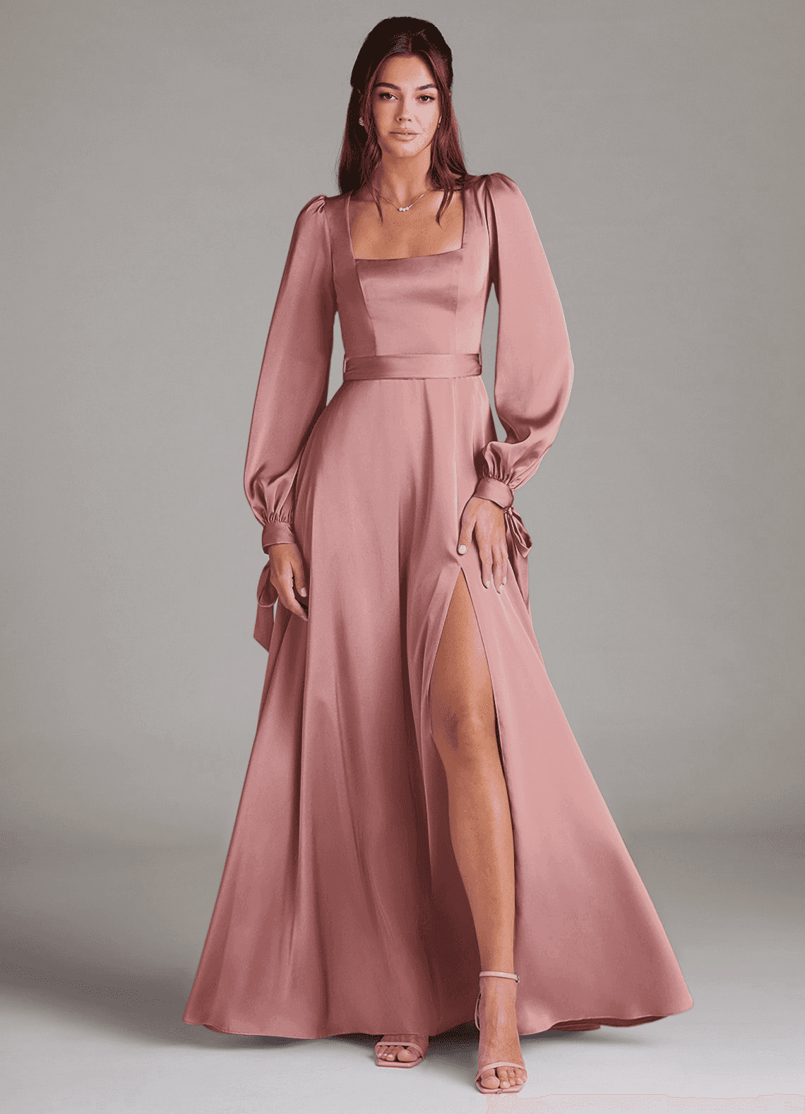 Azazie Leonia Bridesmaid Dresses Dusty Rose A-Line Long Sleeve Stretch Satin Dress image1