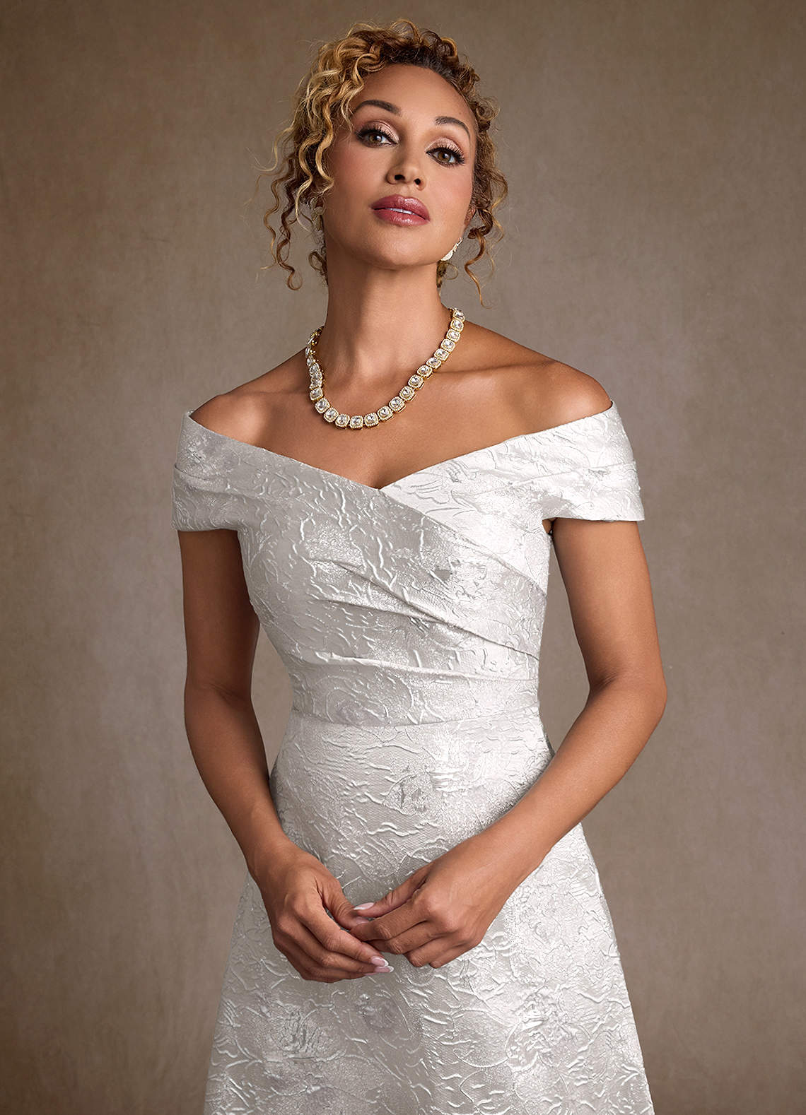 Azazie Lacey Silver Jacquard A-Line Off the Shoulder Floral