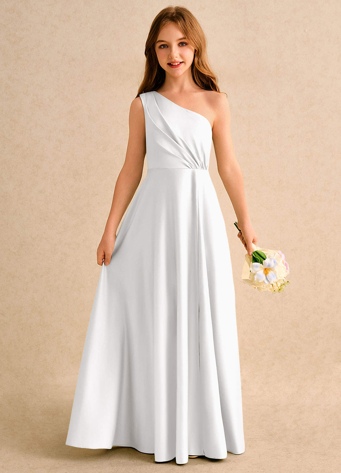 Azazie A-Line/Princess One-Shoulder Floor-Length Matte Satin First Communion Dresses - White