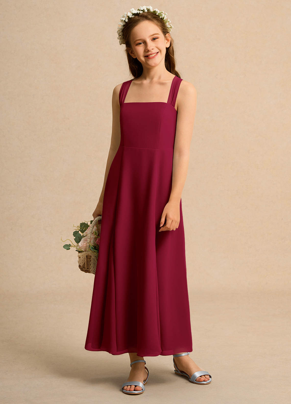 Azazie Tater Junior Formal vestidos de niña de las flores Vestido de Borgoña de Gasa de Corte En A con Plisado image1