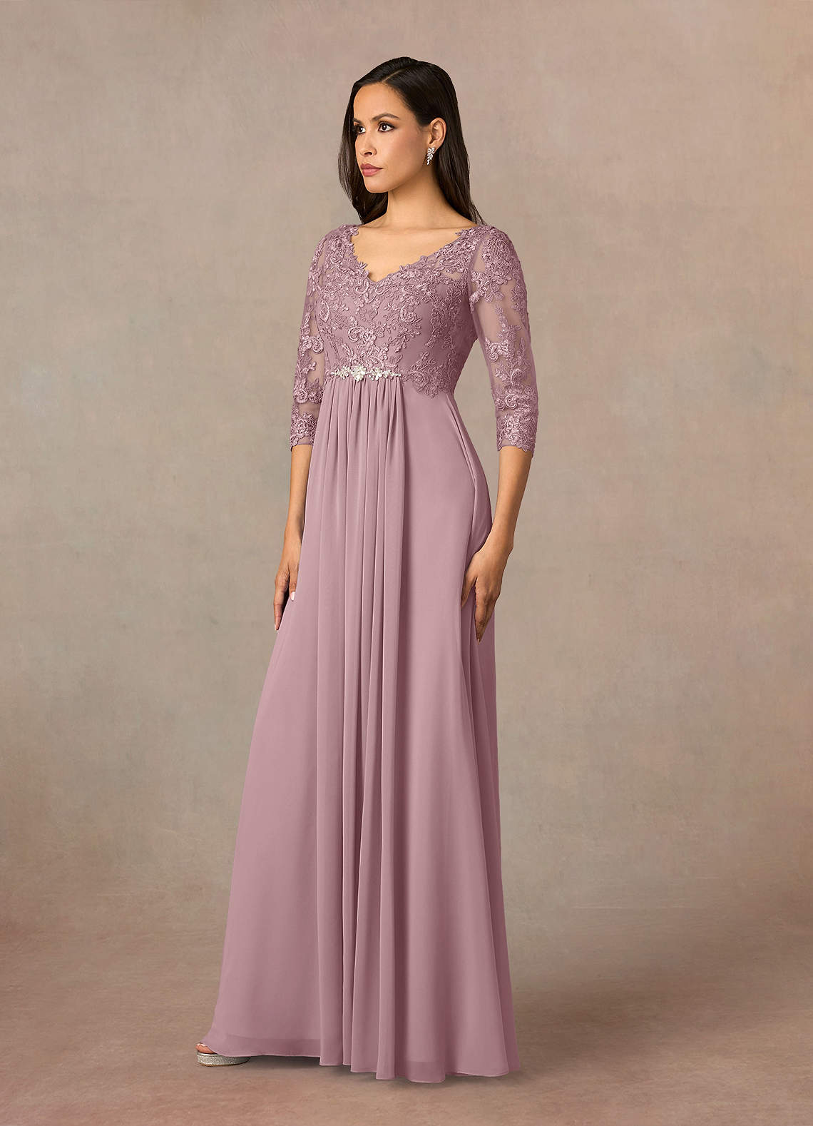 Azazie Hayek Mother of the Bride Dresses Dusty Rose A-Line V-Neck Lace Chiffon Dress image1