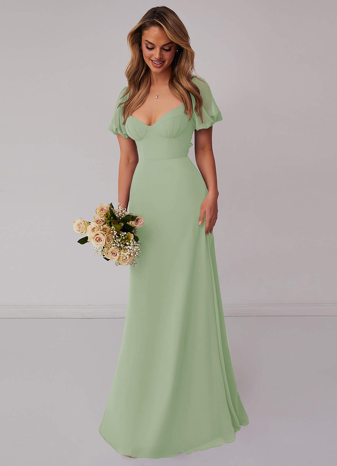 Modest Dusty Sage Chiffon A-Line Square Neck Backless Ankle-Length Bridesmaid Dress