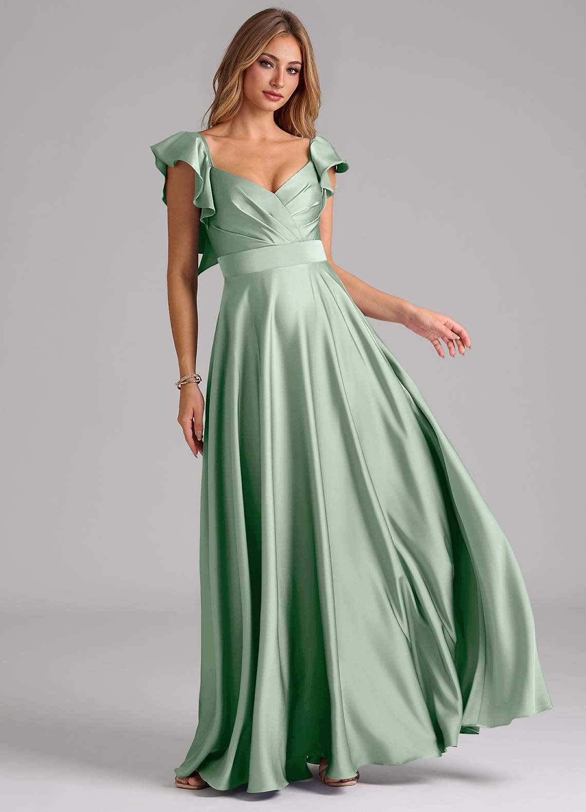 Azazie Leilani Bridesmaid Dresses Agave A-Line Ruched Stretch Satin Dress image1