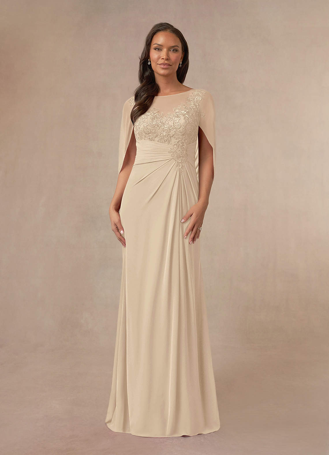 Azazie Hera Mother of the Bride Dresses Champagne A-Line Lace Capelet Chiffon Dress image1