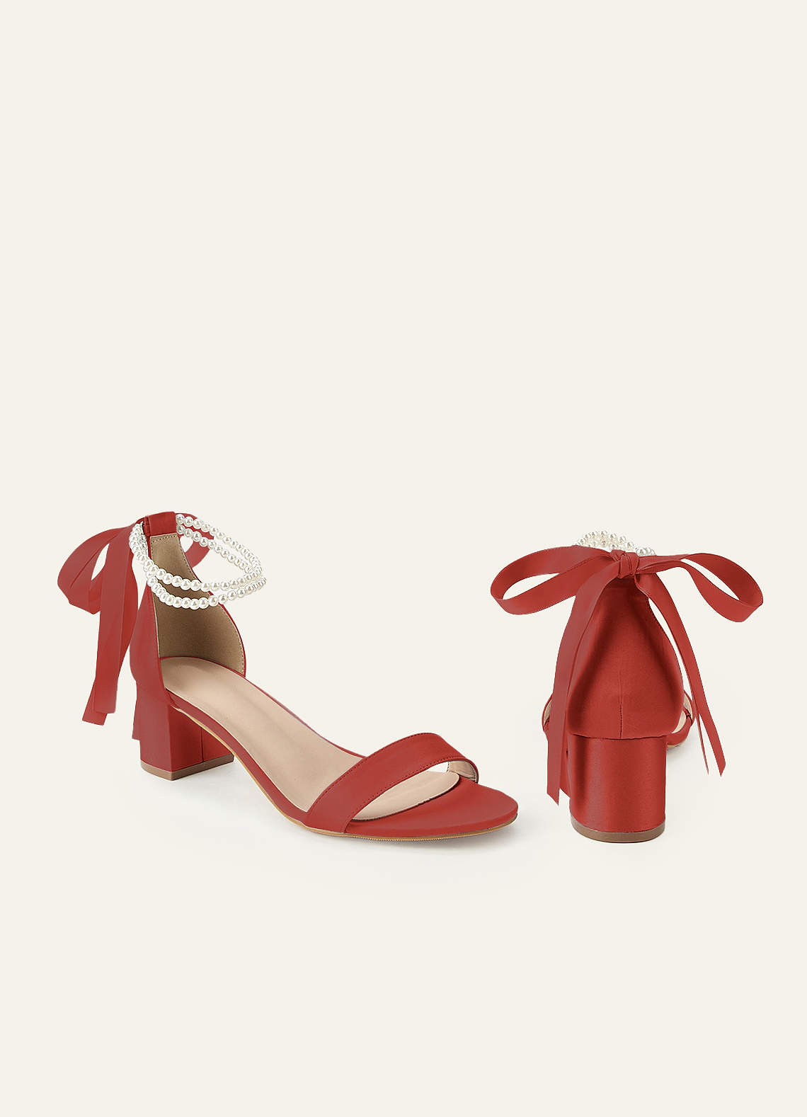 front Matching Color Matte Satin Pearl and Bow Open Toe Chunky Heel Sandals