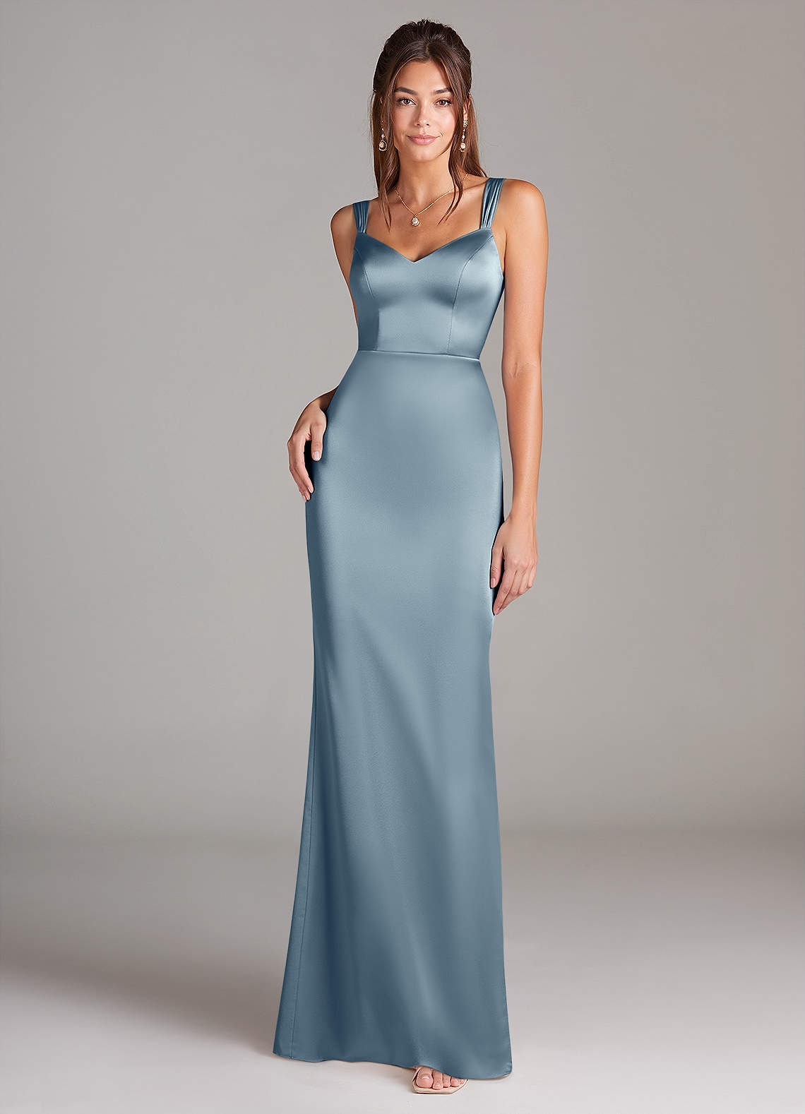 Azazie Denice Bridesmaid Dresses Dusty Blue Sheath Pleated Stretch Satin Dress image2