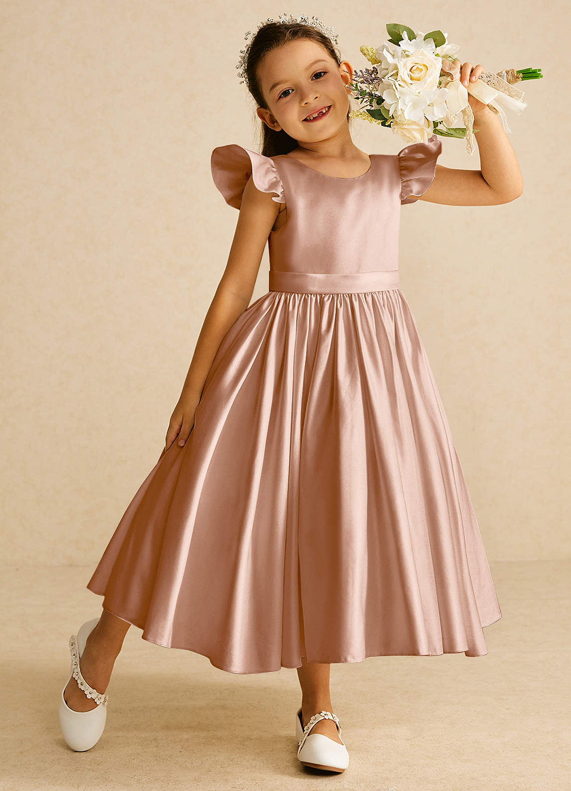 Azazie Violeta vestidos de niña de las flores Vestido de Champán Rosado de Satin Mate de Princesa con Lazo image1
