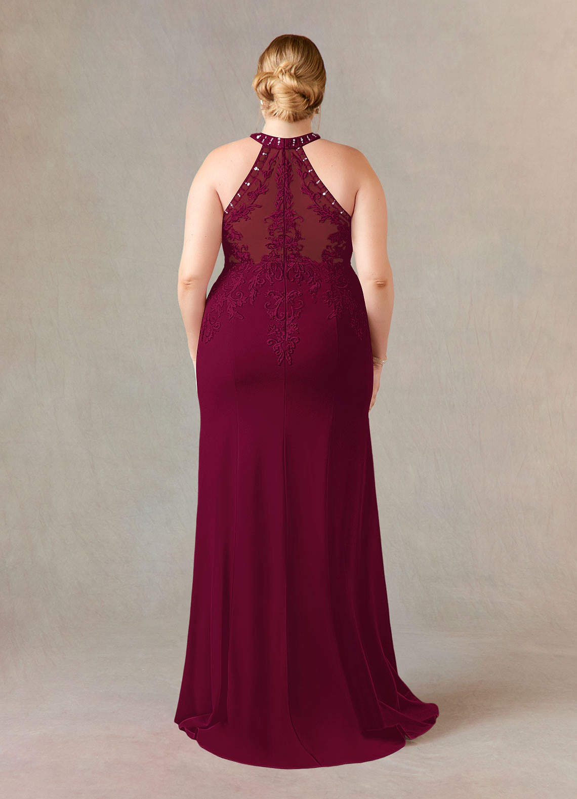 Azazie Tyra Mother of the Bride Dresses Burgundy Mermaid Halter Lace Stretch Crepe Dress image8