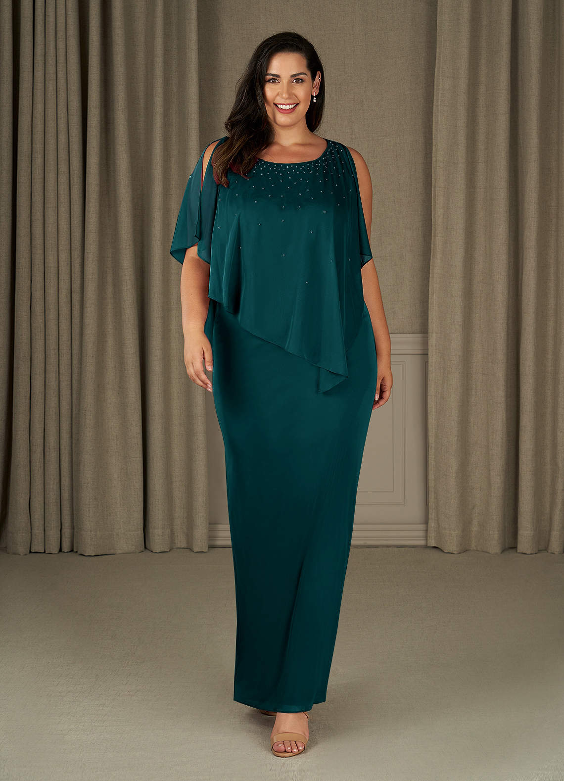Azazie Aspyn Final Sale Peacock Sheath Beaded Mesh Dress image1