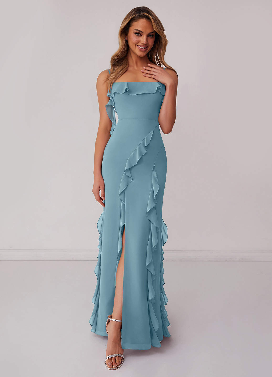 Barbie ♥ Azazie Brautjungfernkleider Etui Schleifen Chiffon Kleid Stimmungsvolles Blau image1