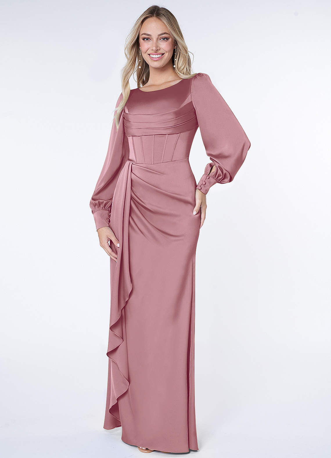 Azazie Raye Bridesmaid Dresses Vintage Mauve Mermaid Long Sleeve Stretch Satin Dress image1