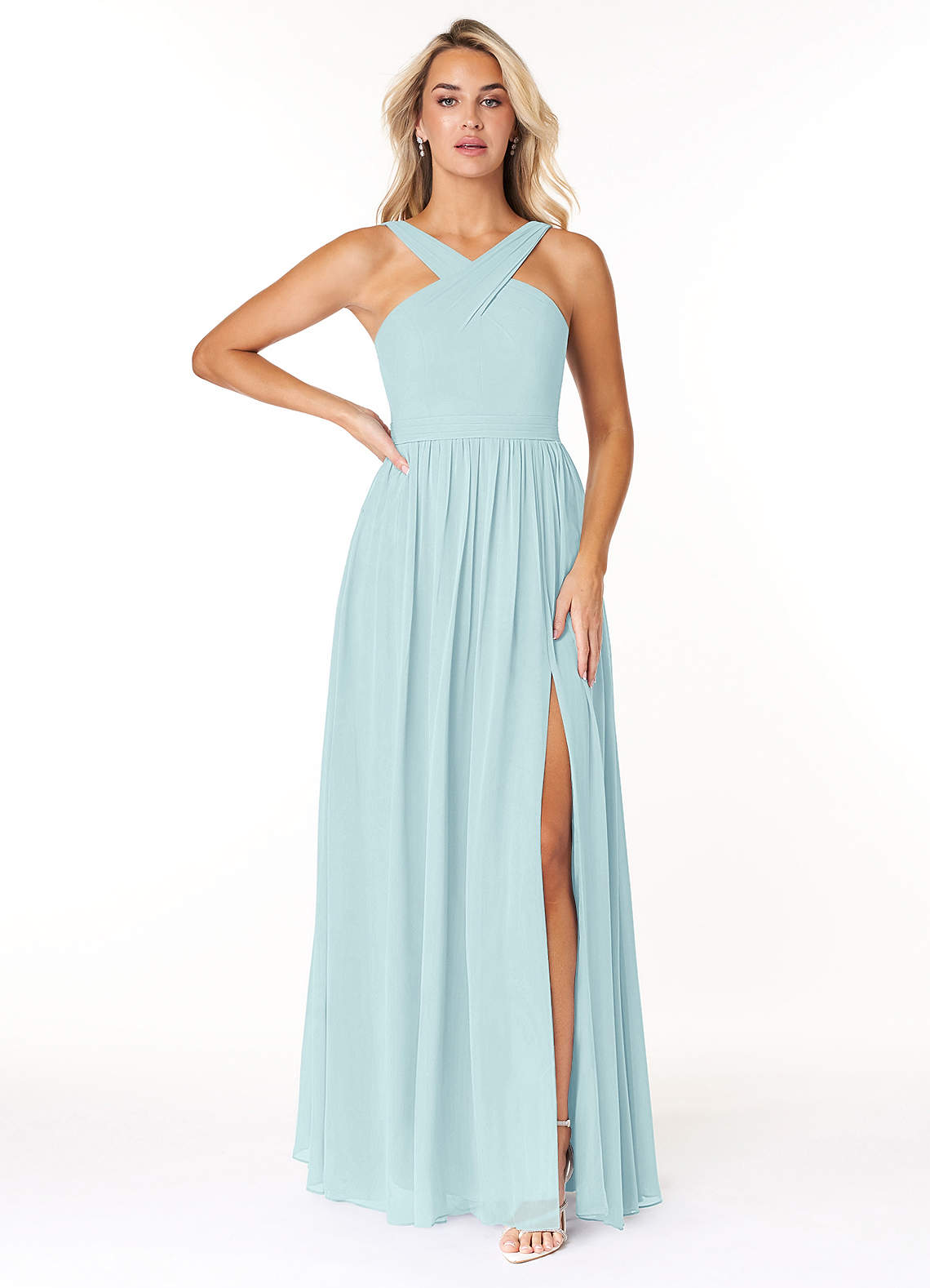 Azazie Elvira Bridesmaid Dresses Sea Glass A-Line Pleated Chiffon Dress image1