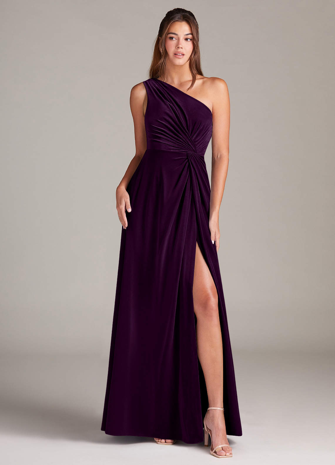 Azazie Brooke Bridesmaid Dresses Grape A-Line One Shoulder Velvet Dress image1