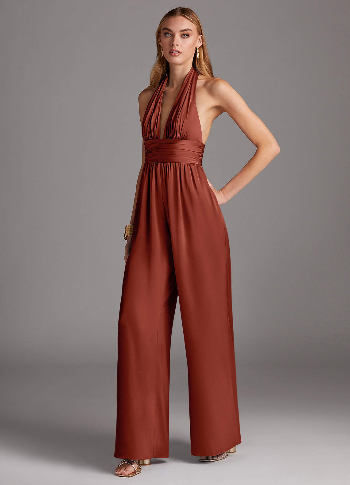 Azazie Oli Stretch Satin Jumpsuit Ready to Ship Terracotta
