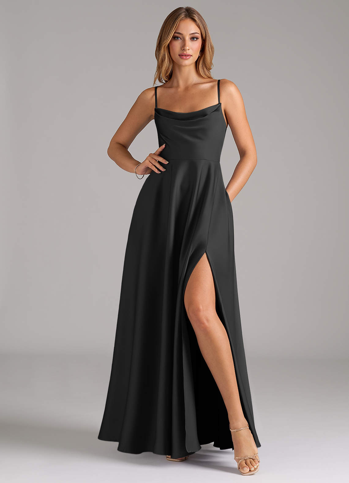 Azazie Elle At-home Try On Dresses Black A-Line Pleated Stretch Satin Dress image2