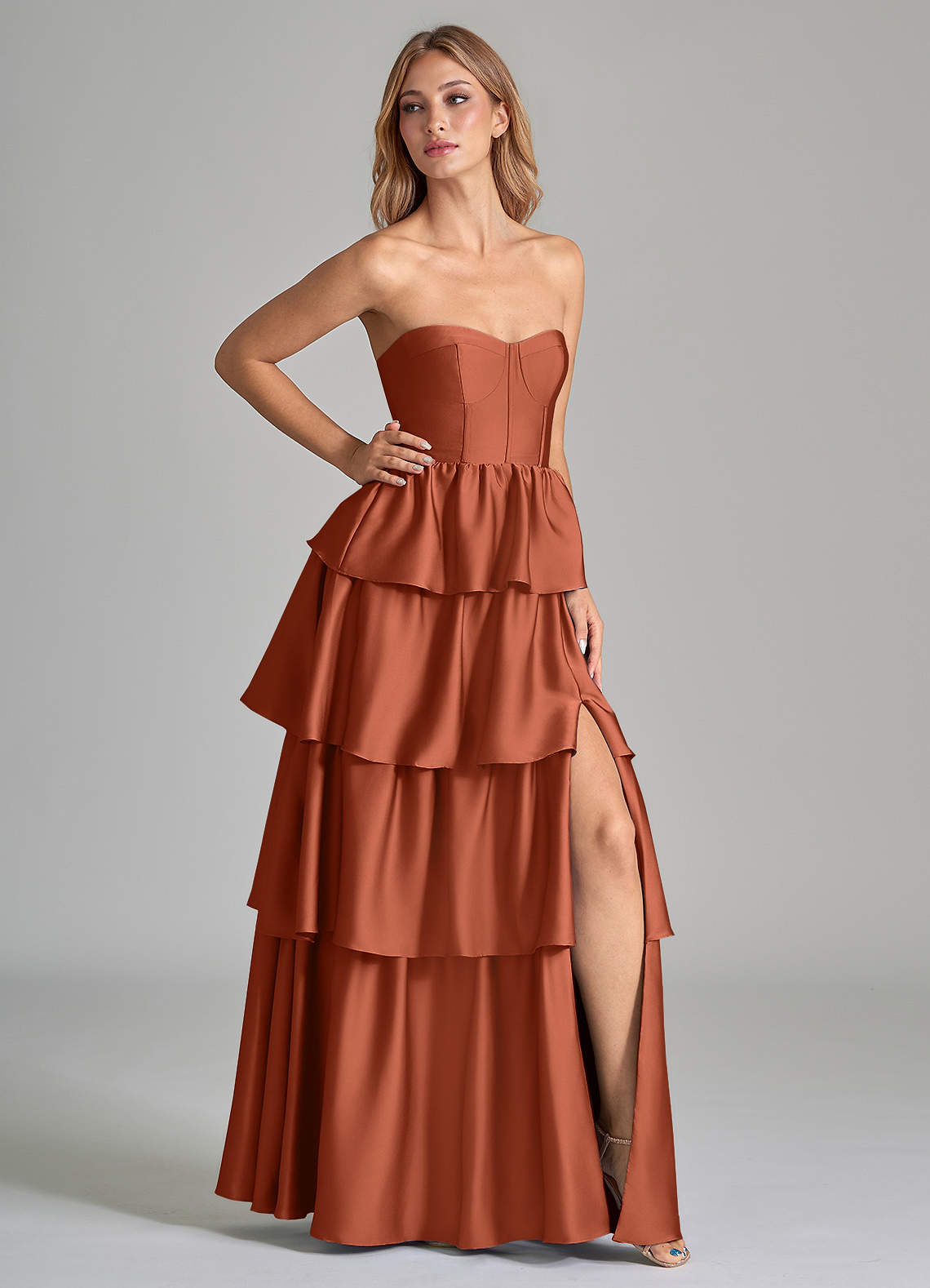 Azazie Faye Bridesmaid Dresses Cedar Rose A-Line Ruched Stretch Satin Dress image1